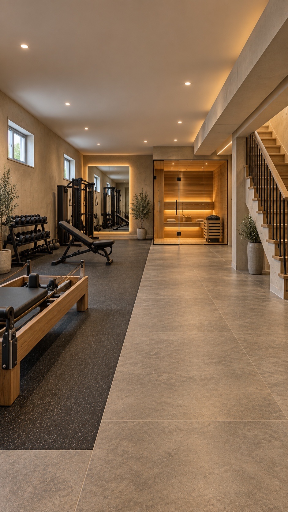 Luxury finished basement wellness room with glass-front sauna, mirrored gym and Pilates studio